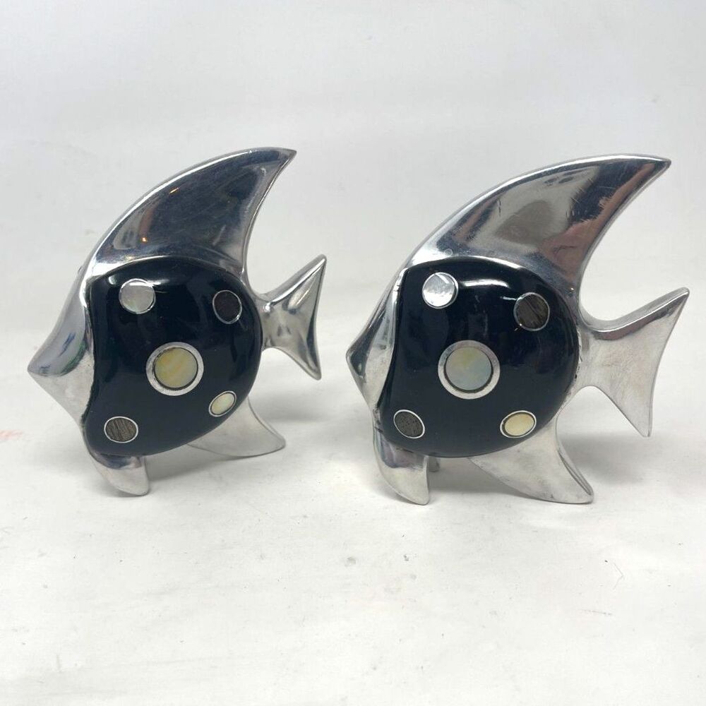 Vintage Silver & Black Metal Pair Fish Figurines With Inlaid Stone Abalone *RARE